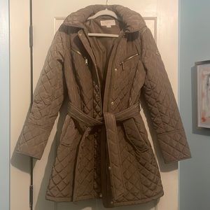 Michael Kors Quilted Belted Mid Length Jacket / Coat with Funnel Neck and Hood